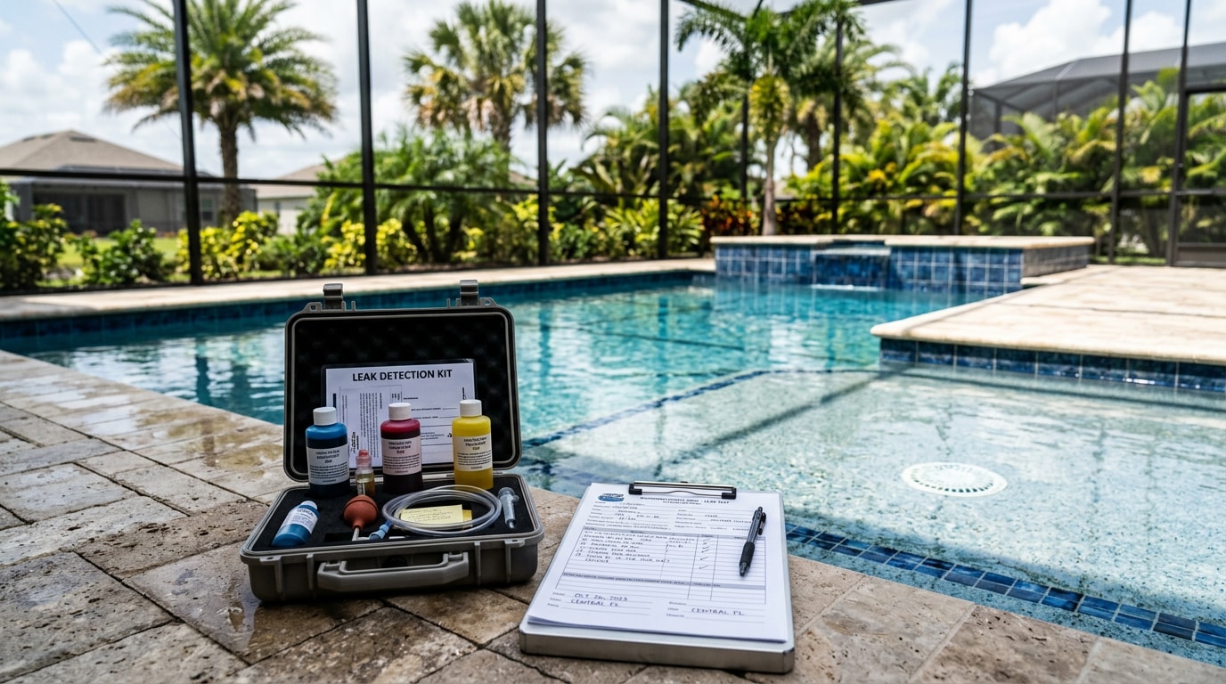 Pool leak detection equipment set up beside a Florida backyard swimming pool Pool leak detection equipment set up beside a Florida backyard swimming pool