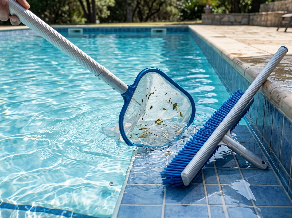 Pool technician skimming debris and brushing pool walls during routine cleaning