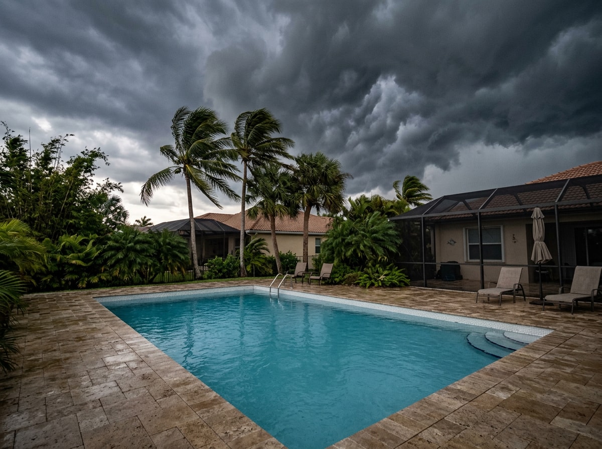 Windermere pool during Florida's rainy season with visible storm clouds overhead