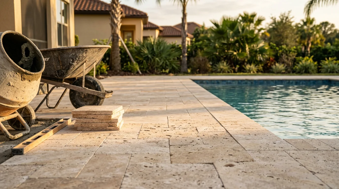 Travertine pool deck installation showing finished patio area