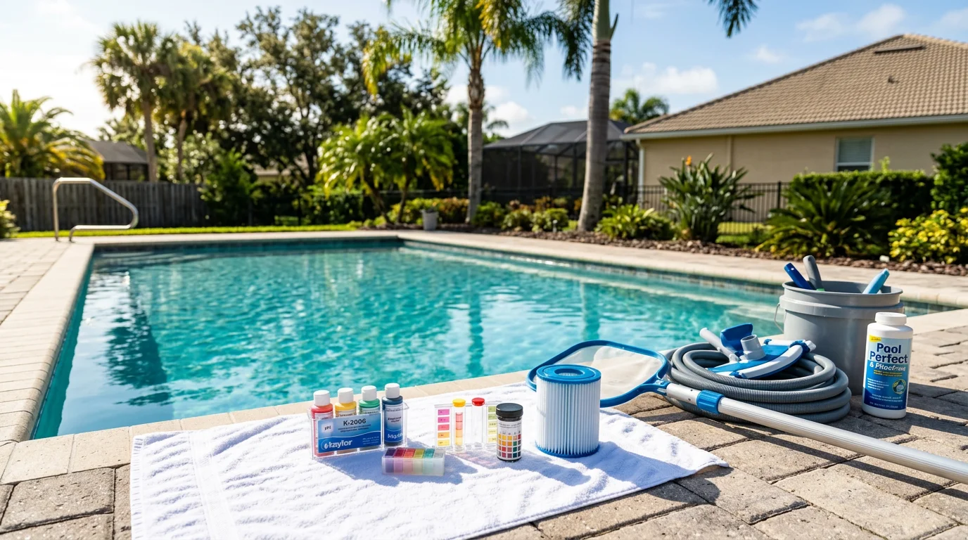 Pool technician testing water chemistry during weekly maintenance visit