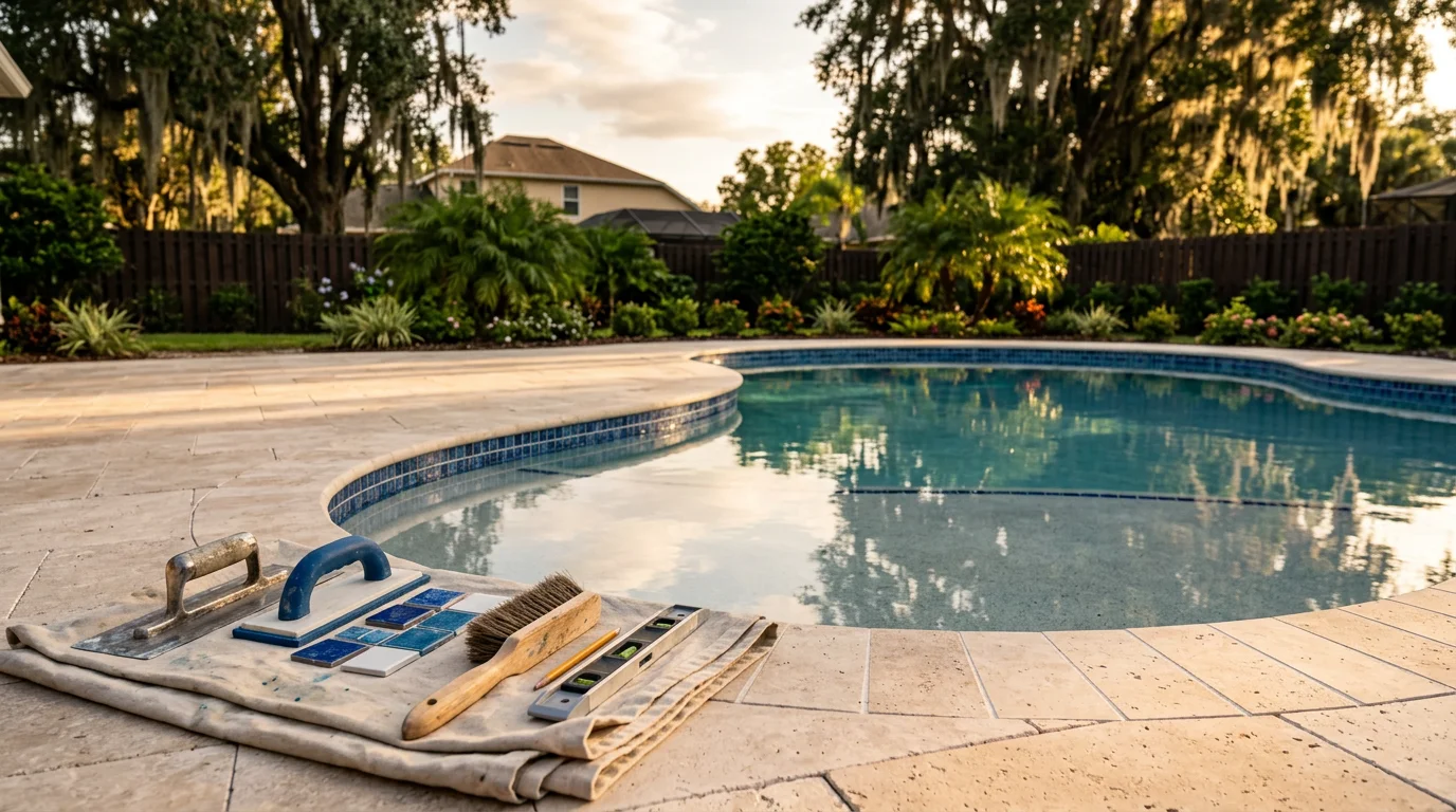 Pool renovation with new tile and resurfaced deck in Orlando