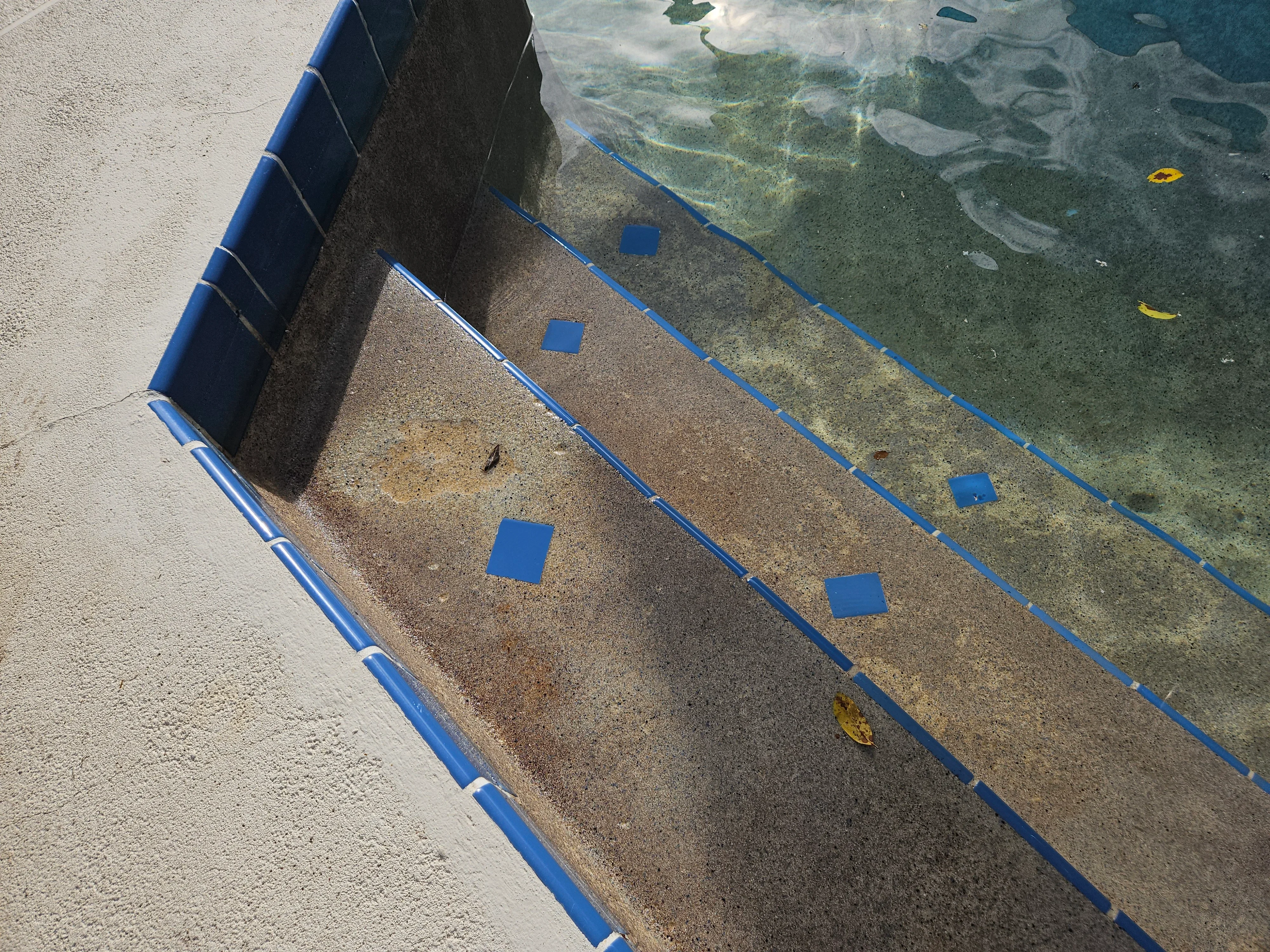 Pool floor cleaning with algae removal and blue containment barriers installed