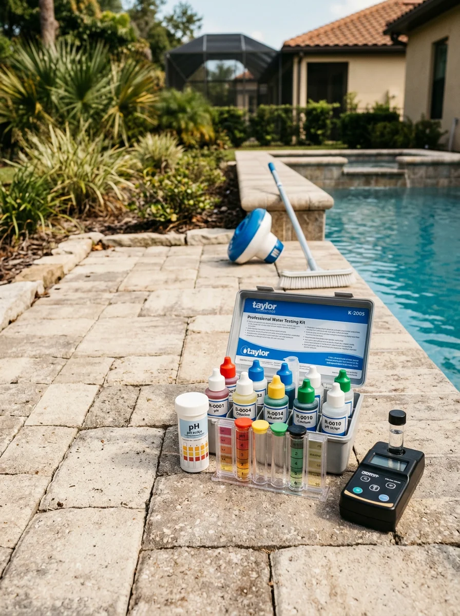Professional pool technician performing water testing and chemical balancing on a Doctor Phillips residential pool