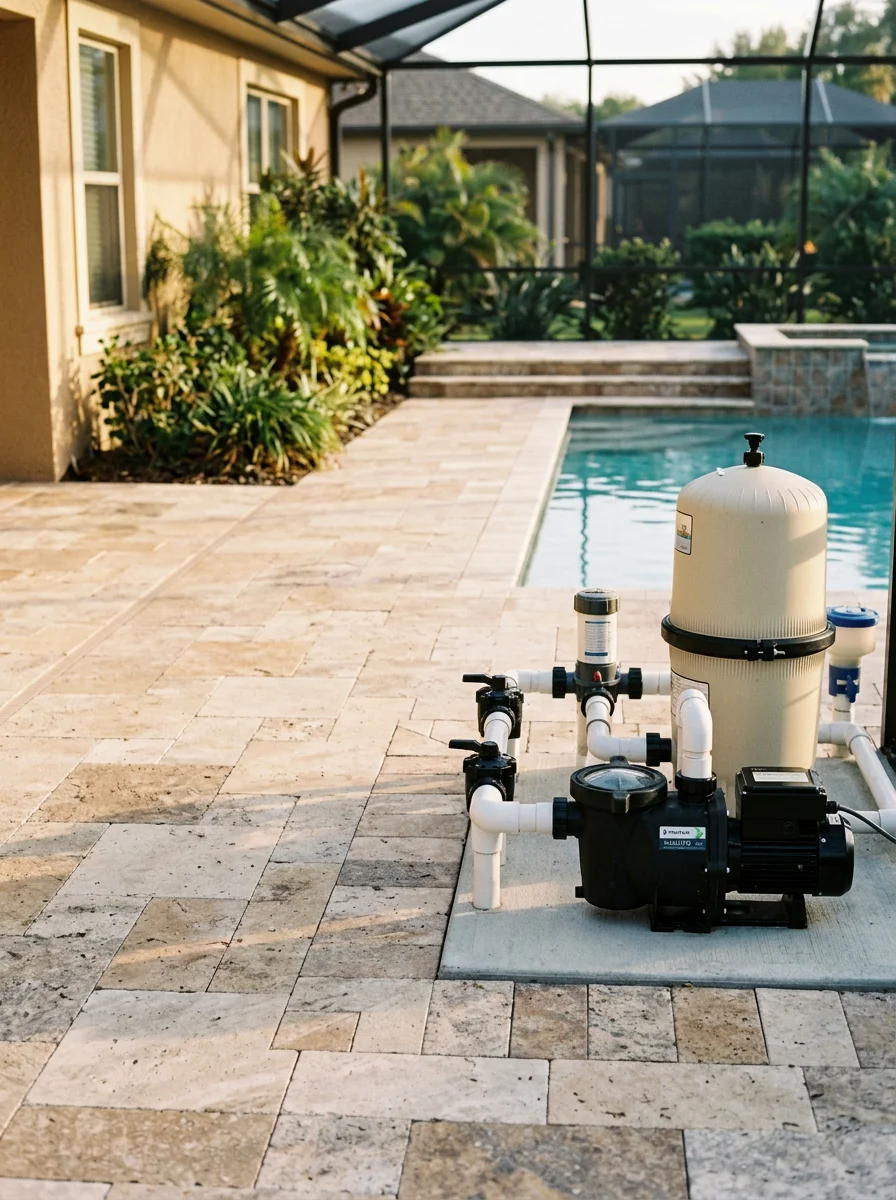 Concrete pool deck with travertine pavers and modern equipment in Ocoee residential neighborhood