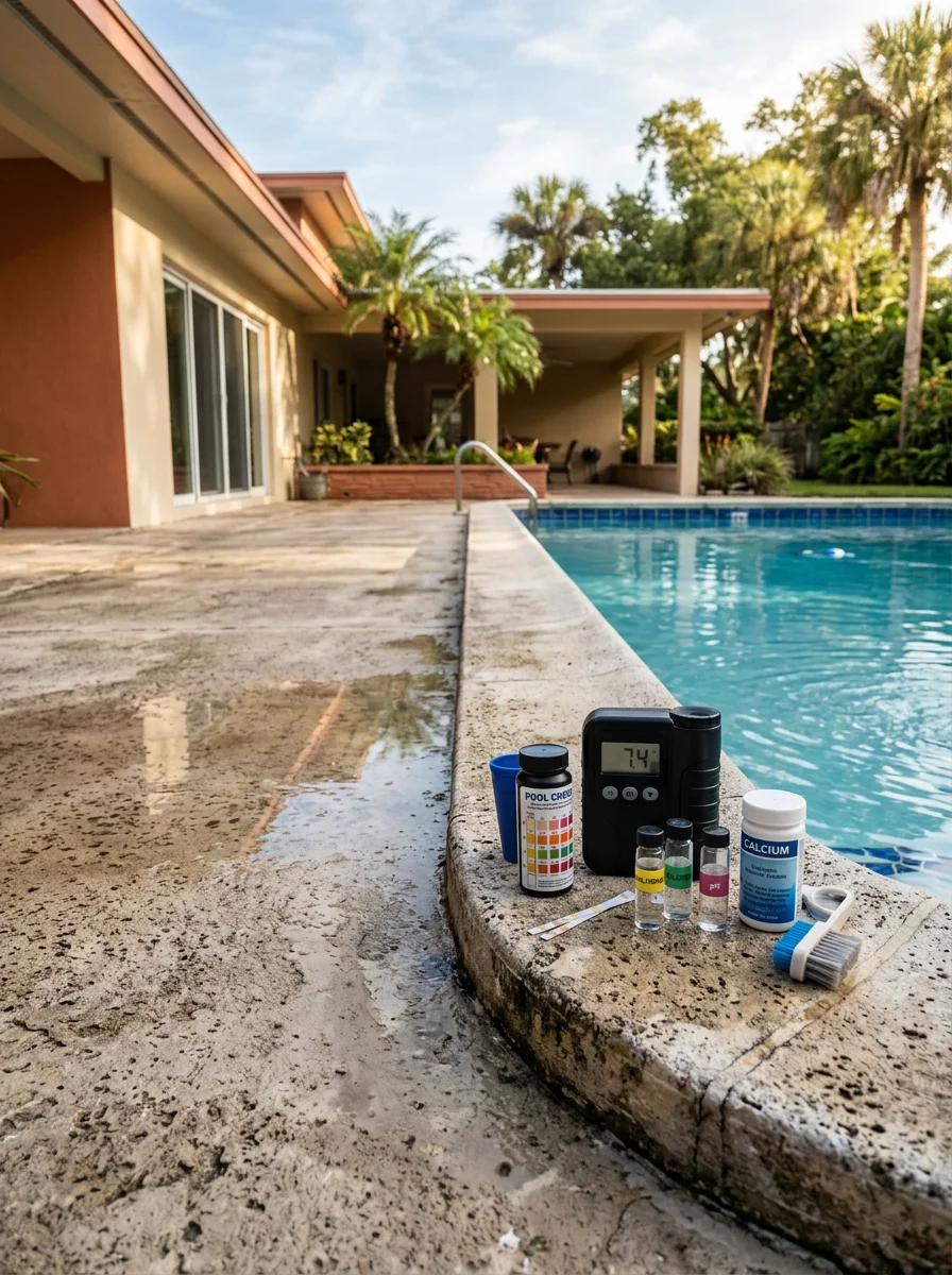 Pool technician testing water chemistry during weekly maintenance in Orange County home with mid-century construction