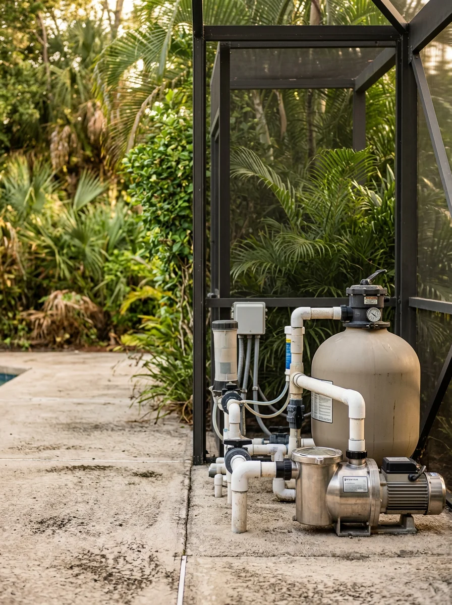 Pool equipment and filter system in Seminole County showing pump, filter housing, and chemical feeder system