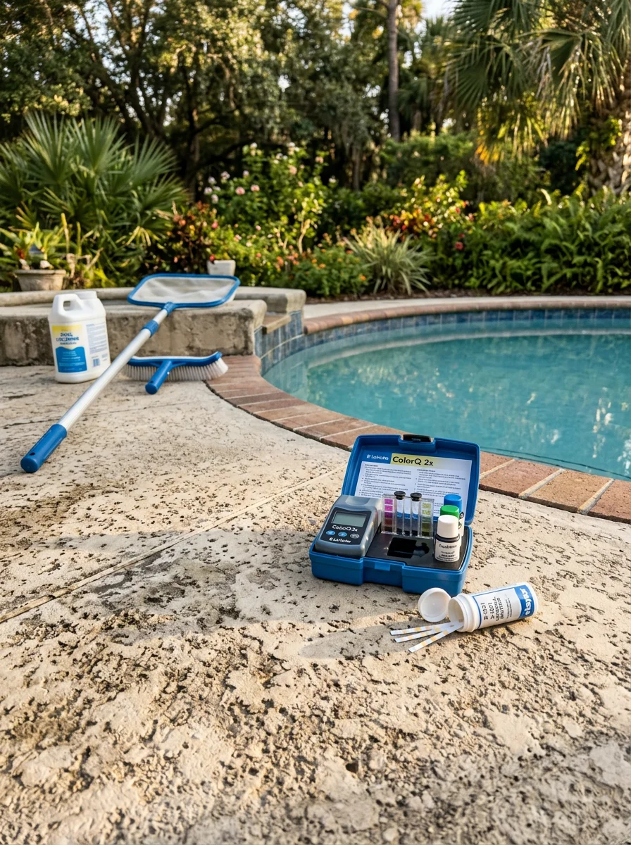 Pool technician testing water chemistry and inspecting equipment on a Winter Garden home's pool deck
