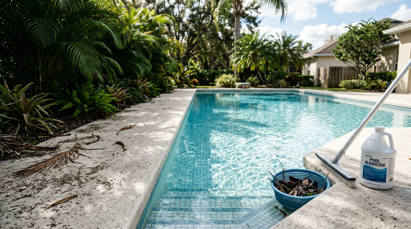 A residential pool in Orlando showing clear, blue water after professional algae removal treatment. Pool walls and steps are clean with no visible green or black algae growth.