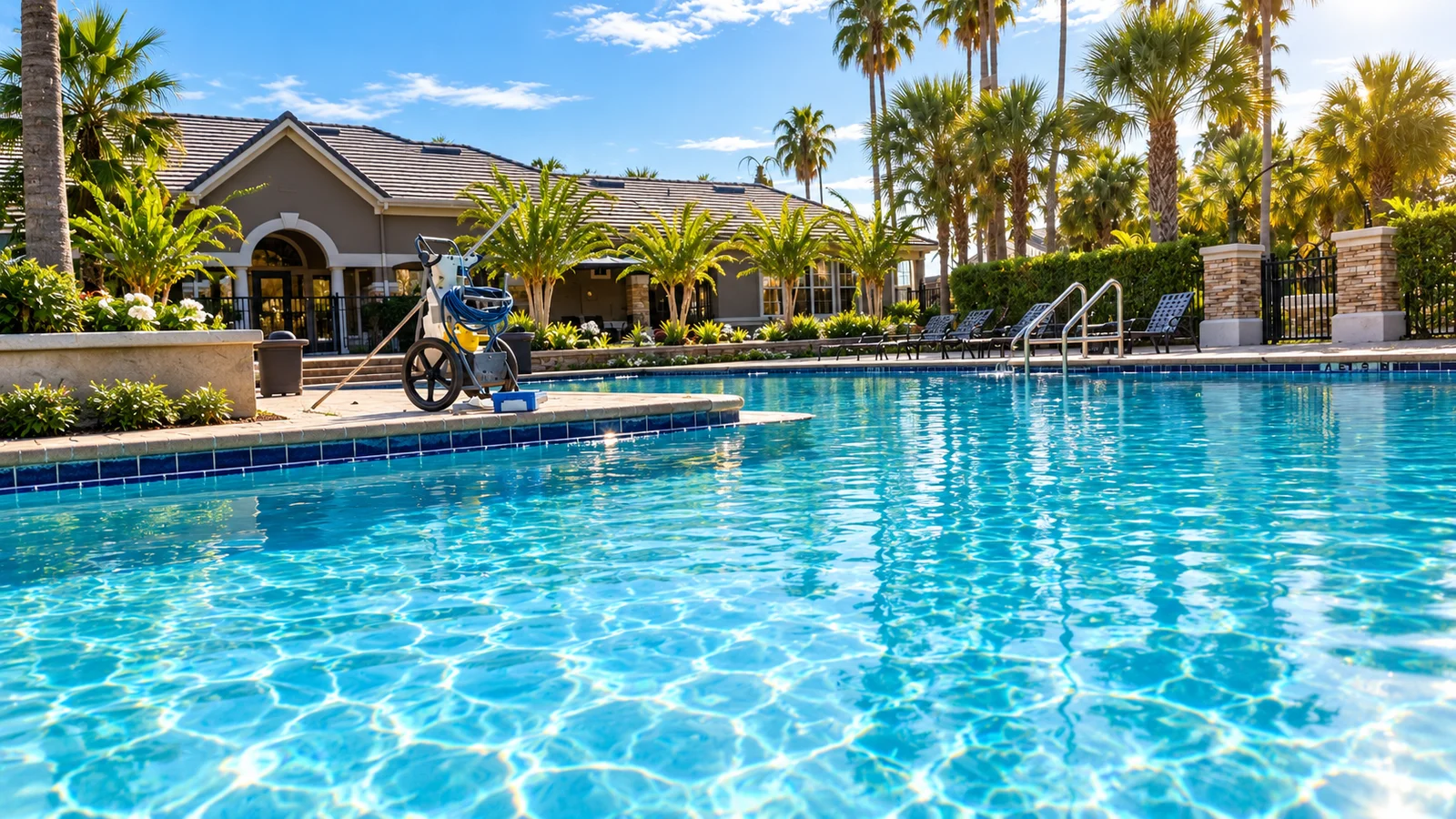 A clean, clear commercial pool at an HOA community in the Orlando, Florida area, with deck furniture visible and calm water reflecting afternoon sunlight. A pool technician checks equipment at the pool's edge during a routine commercial service visit.