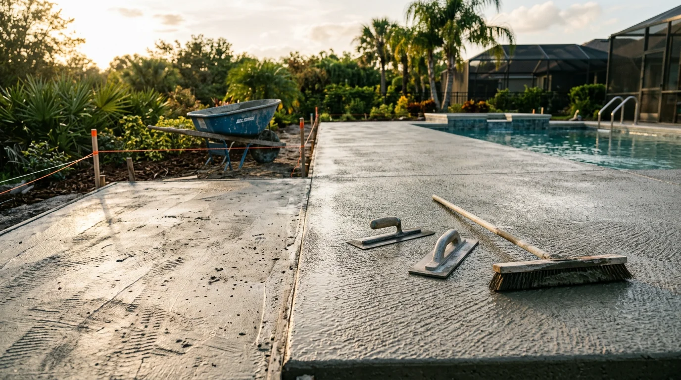 A freshly installed textured concrete deck surrounding a residential pool in Orlando, Florida. The sealed gray surface shows a broom finish with clean edges along the pool coping and a graded slope away from the water.