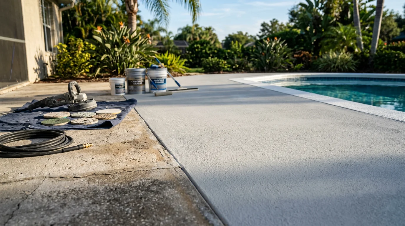 A renovated concrete pool deck at a residential home in Orlando, Florida, showing a smooth, resurfaced finish in a light tone surrounding a backyard swimming pool. The repaired surface shows no visible cracking or staining, with clean edges and consistent color across the full deck area.