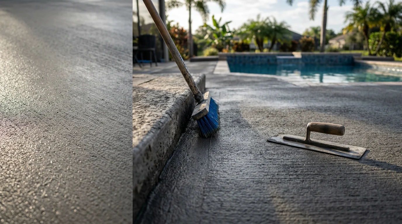 Freshly finished concrete surface beside a residential pool in Orlando, Florida, showing a broom-textured finish with clean edges and a sealed appearance. The surrounding landscape reflects a typical Central Florida backyard setting.