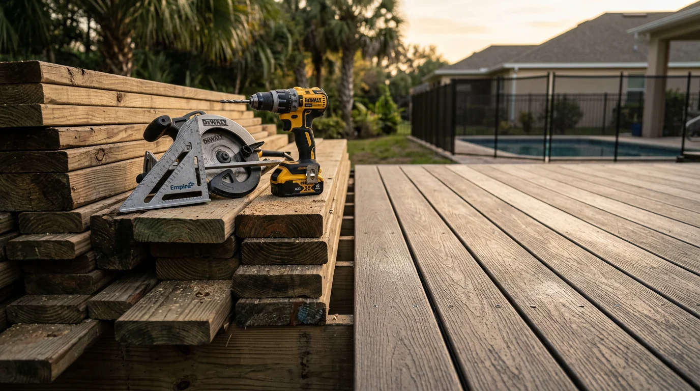 A renovated backyard deck in Orlando, Florida, showing clean surface boards, updated railings, and a poolside layout. The finished deck reflects work suited to Central Florida's humid outdoor conditions.