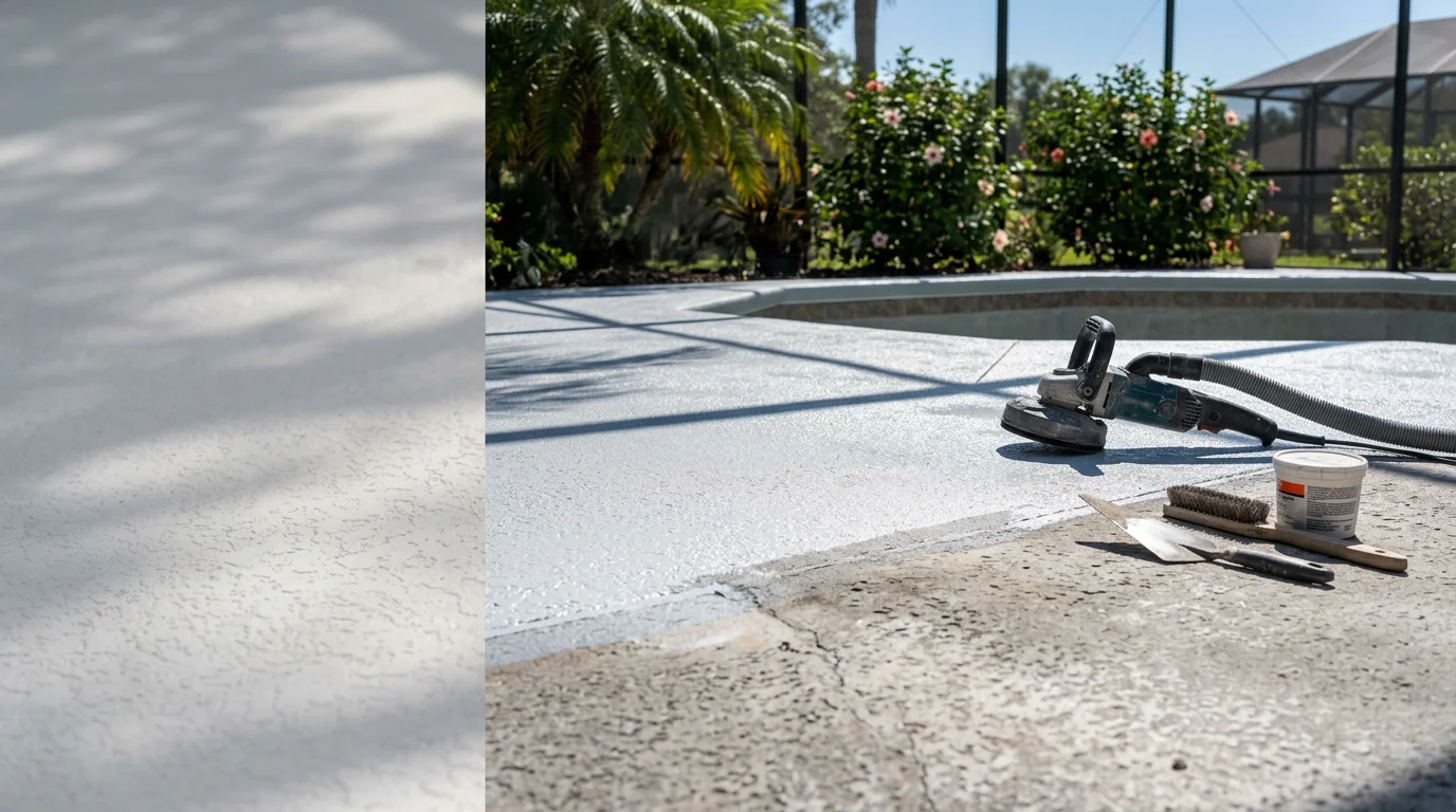 A freshly resurfaced pool deck surrounding a residential swimming pool in Orlando, Florida, showing a smooth, light-colored slip-resistant finish with no visible cracks or peeling. The deck surface is dry and even, with a clean edge along the pool coping under bright Florida sunlight.