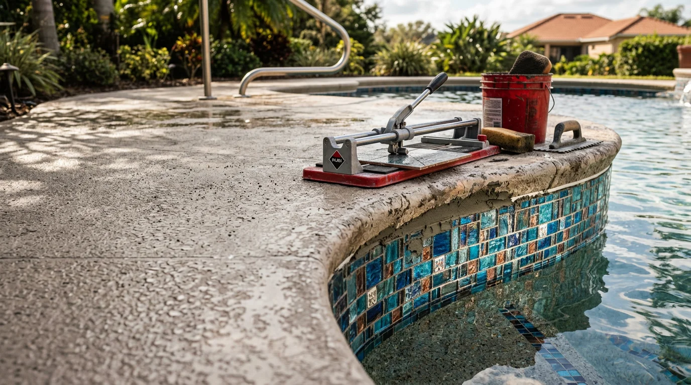 Close-up of a glass mosaic decorative pool tile accent installed along the waterline of a residential pool in Orlando, Florida. The tile reflects sunlight across the water surface in a Central Florida backyard setting.