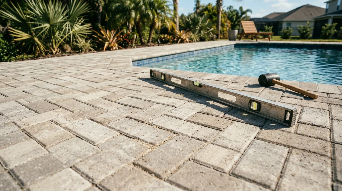 Newly installed interlocking paver deck surrounding a residential pool in Orlando, Florida. Light-colored pavers are laid in a clean pattern with smooth edges and a visible slope away from the pool coping.