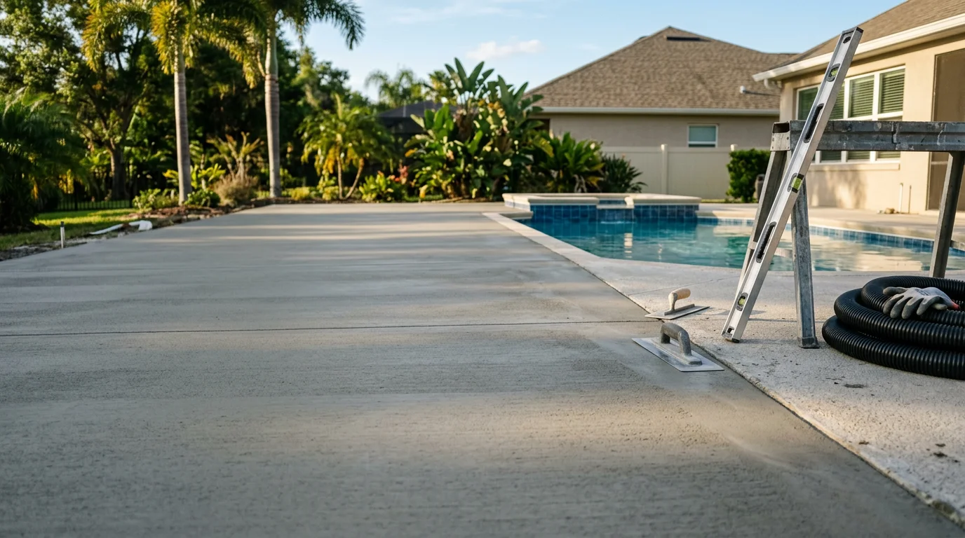 Newly constructed pool deck surrounding an in-ground swimming pool at an Orlando-area home, with a clean surface finish and open layout for outdoor seating.