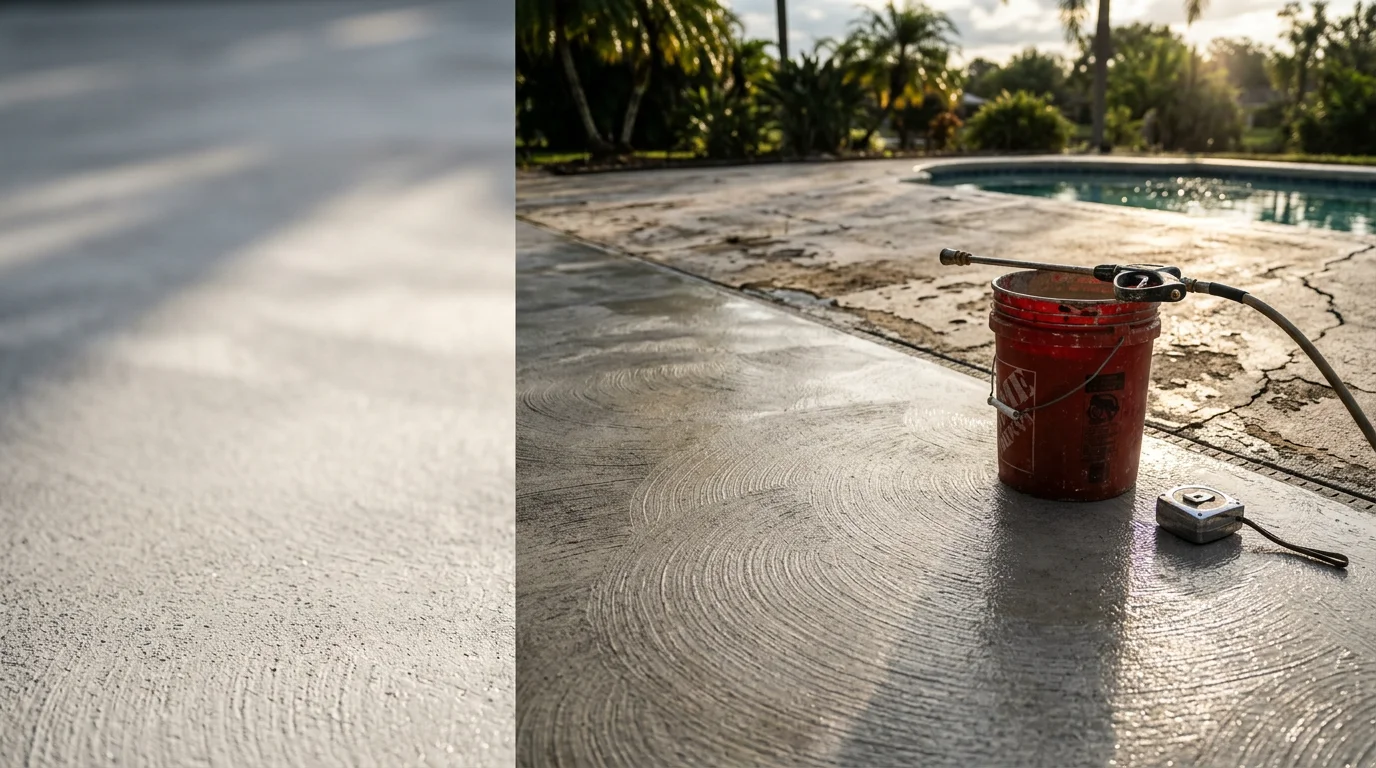 Renovated pool deck surrounding a residential swimming pool in Orlando, Florida, showing a clean, even surface with no visible cracking or staining. The finished deck extends around the full pool perimeter with a consistent color and texture suited to the Florida climate.