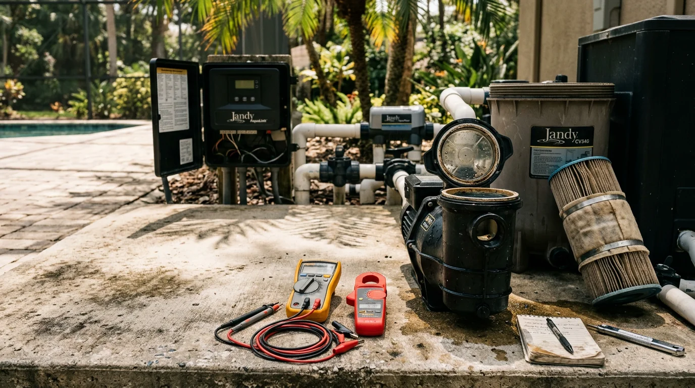A pool technician from Swim Solutions inspecting a pump and filter equipment pad beside a residential pool in Orlando, Florida. The equipment pad sits in full sun next to a screened pool enclosure typical of Central Florida homes.
