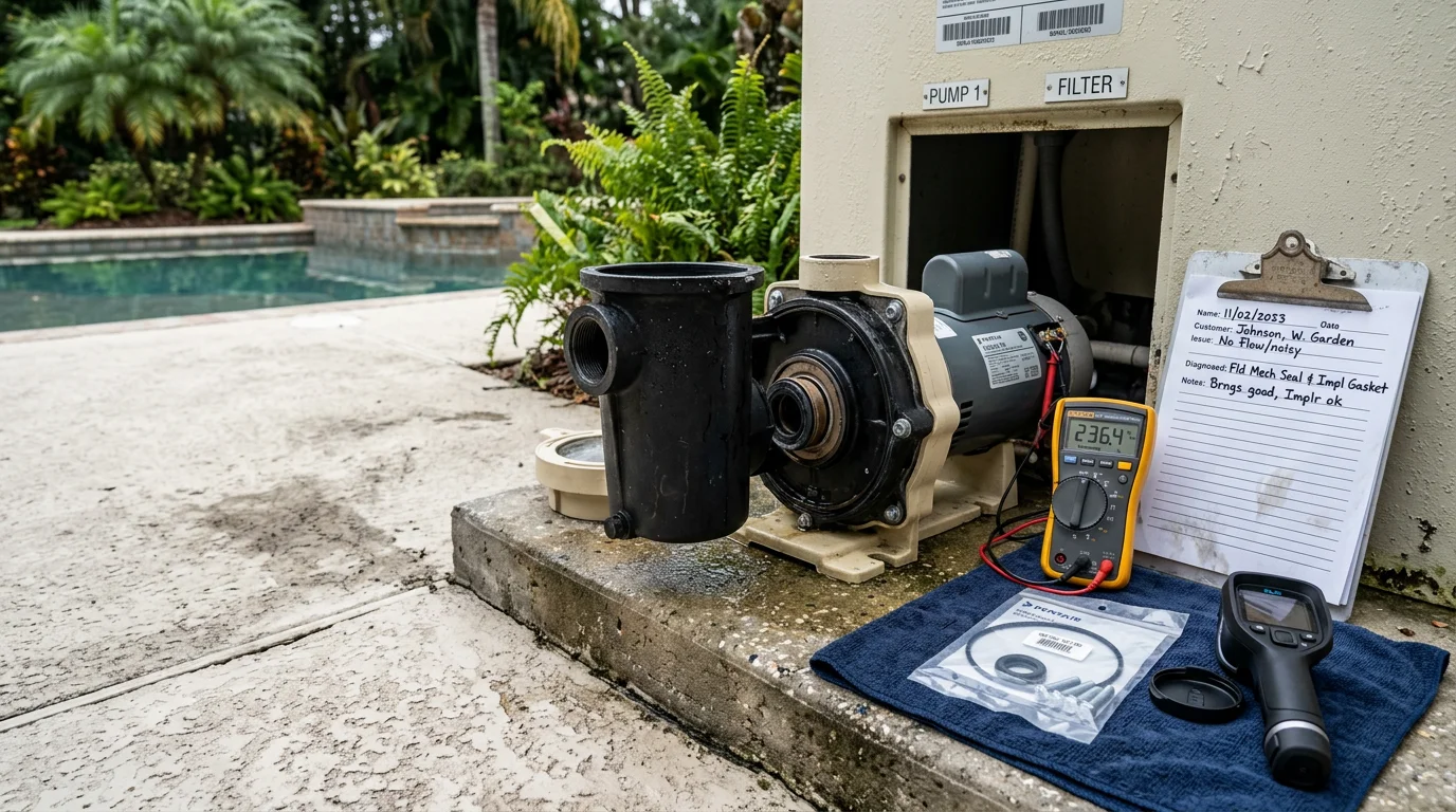 A pool equipment pad in an Orlando backyard showing a pump, filter, and heater being inspected by a technician. The setup reflects typical residential pool equipment found across Central Florida homes.