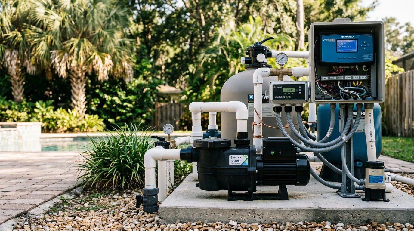 A residential pool equipment pad in Orlando showing a newly installed variable-speed pump, updated filter housing, and automation control panel mounted on an exterior wall. The surrounding area reflects a typical Central Florida backyard setting with a screened enclosure visible in the background.