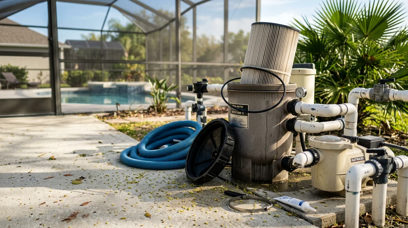 A pool service technician cleaning a cartridge pool filter at an Orlando residential property. The backyard pool behind them shows clear blue water under bright Florida sunlight.