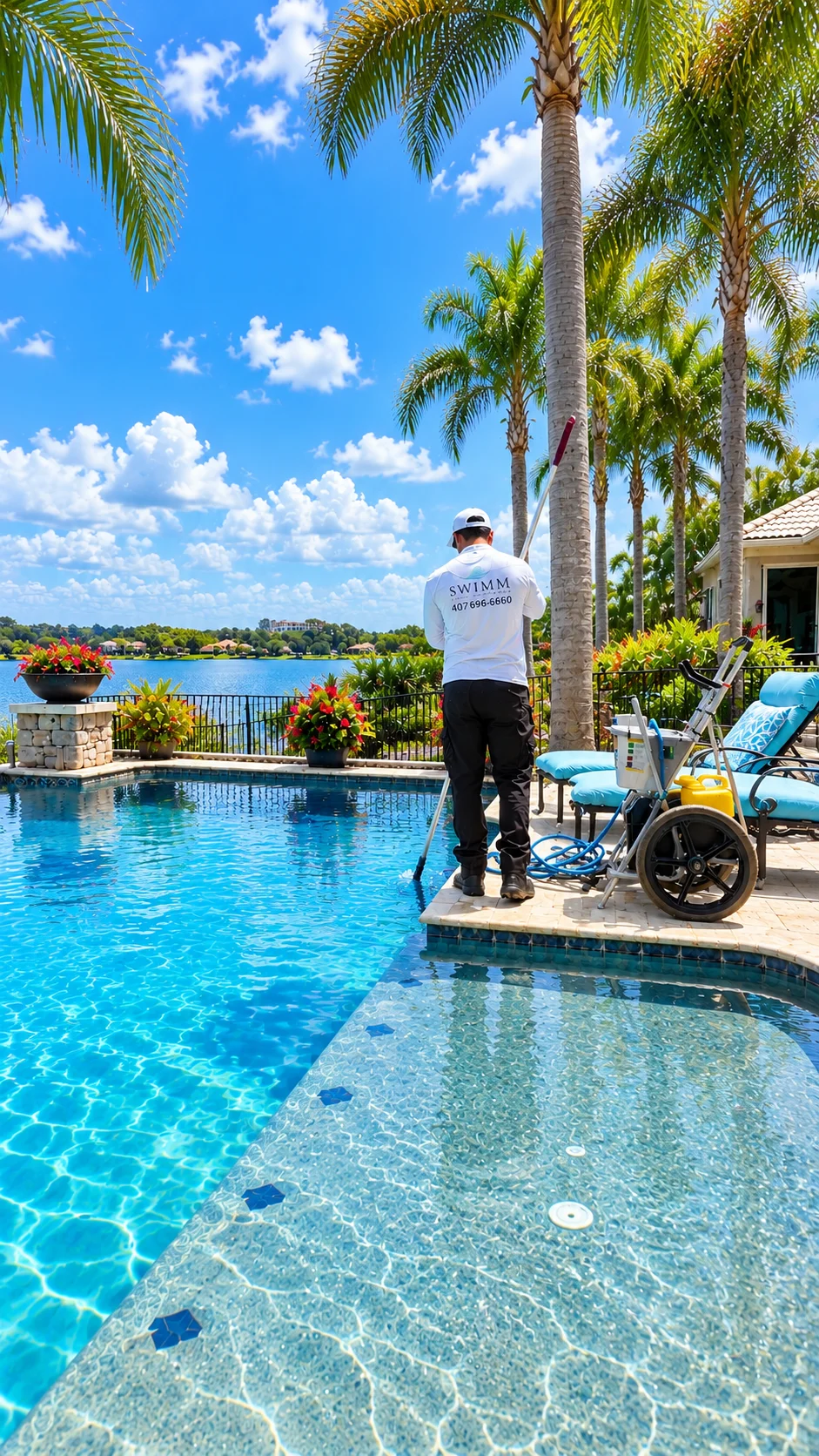 A clean, clear residential swimming pool in an Orlando backyard on a sunny day, showing blue water and a brushed tile line. A pool maintenance technician checks the skimmer basket during a routine service visit.