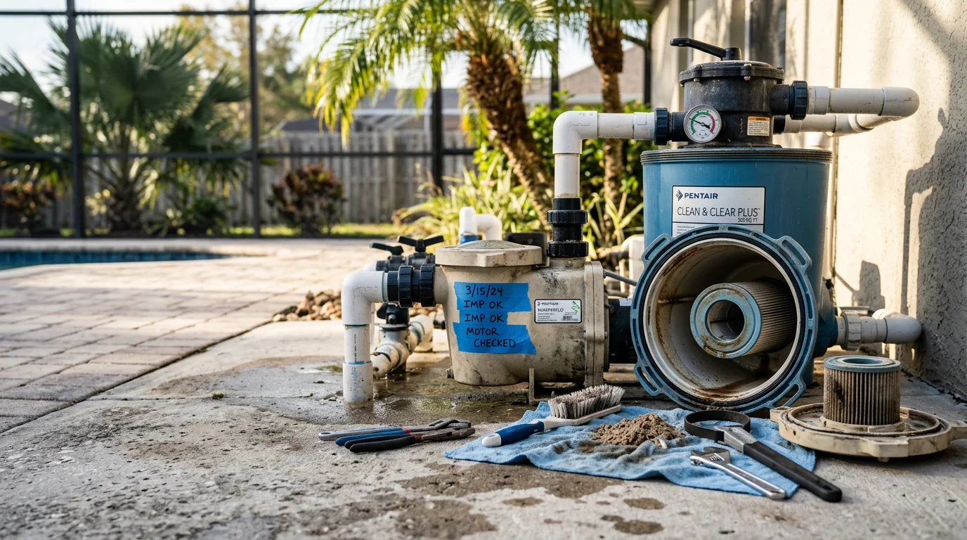 A pool technician inspecting an outdoor pool pump and filter unit at a residential Orlando home, with a clear blue pool visible in the background. The equipment pad shows a pump, filter tank, and pressure gauge being assessed during a repair visit.