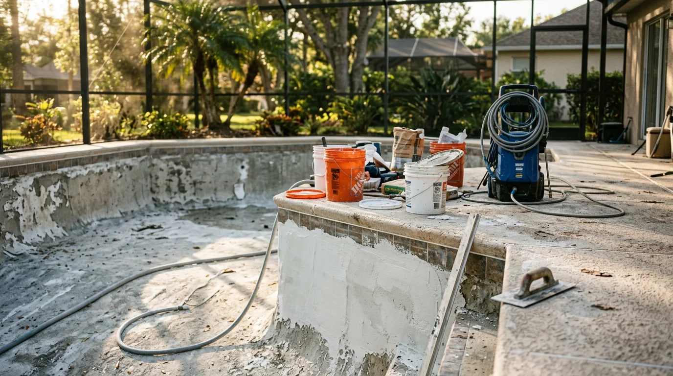 A freshly resurfaced residential pool in Orlando, Florida, showing a smooth, evenly finished interior surface with clear water under bright sunlight. The pool is surrounded by a concrete deck typical of Central Florida backyard construction.