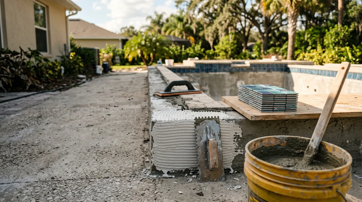 Freshly installed pool tile covering the interior walls and steps of a residential swimming pool in Orlando, Florida. The tile lines are even and the surface is clean, showing a completed installation ready for the pool to be refilled.