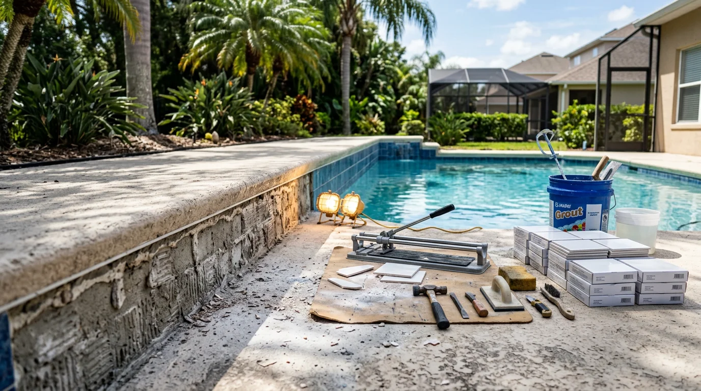 Freshly replaced waterline pool tile on a residential pool in Orlando, Florida, showing a clean, uniform tile band along the pool's interior edge. A pool repair technician from Swim Solutions works along the tile line in a backyard setting under bright Florida sunlight.