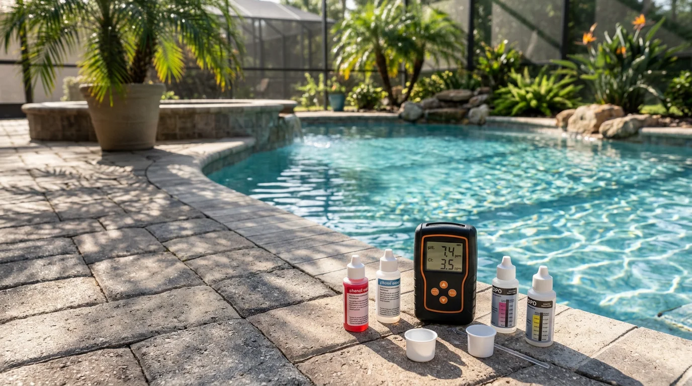 A pool technician testing water chemistry at a residential pool in Orlando, Florida, with a test kit and clear blue water visible in the foreground. The pool deck and surrounding landscaping reflect a typical Central Florida backyard setting.