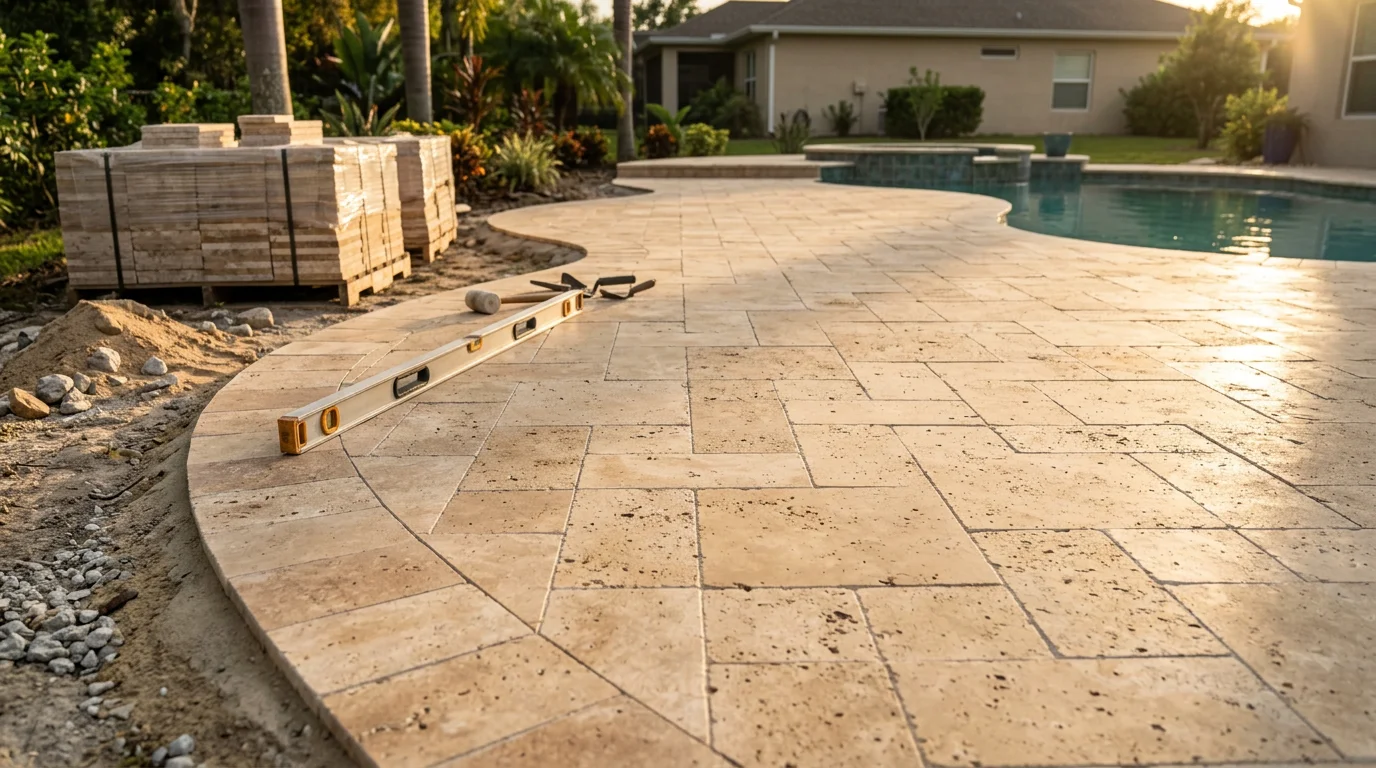A freshly installed travertine pool deck surrounding a residential pool in Orlando, Florida, with natural stone pavers set in a uniform pattern under bright afternoon sunlight. The surface shows the stone's characteristic light tone and textured finish against a backdrop of Florida landscaping.