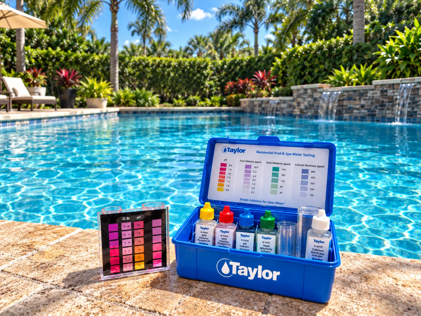 A clear, blue residential pool in Orlando with visibly balanced water reflecting bright Florida sunlight. A pool service technician tests water chemistry at the pool's edge using a professional testing kit.