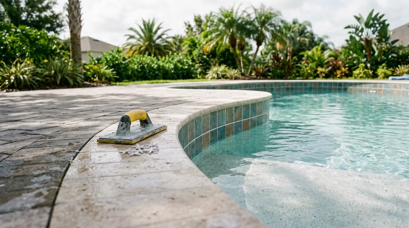 Freshly installed waterline tile running along the perimeter of a residential pool in Orlando, Florida, showing a clean tile band at the water's surface level where the pool interior meets the coping.