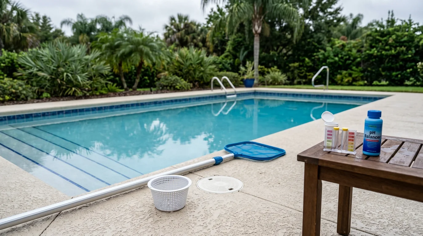 A clean, clear backyard swimming pool in an Orlando residential property after a weekly professional cleaning service. The water is blue and free of debris, with brushed walls and a visible waterline tile showing no algae growth.